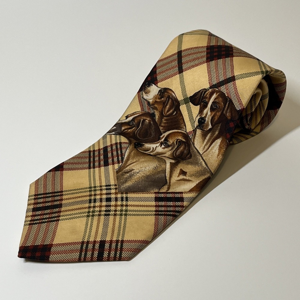 Bill Blass Country Silk Men's Necktie Beige Plaid Dog Print